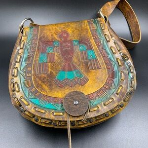 Vintage Leather Crossbody Bag with Tribal Design